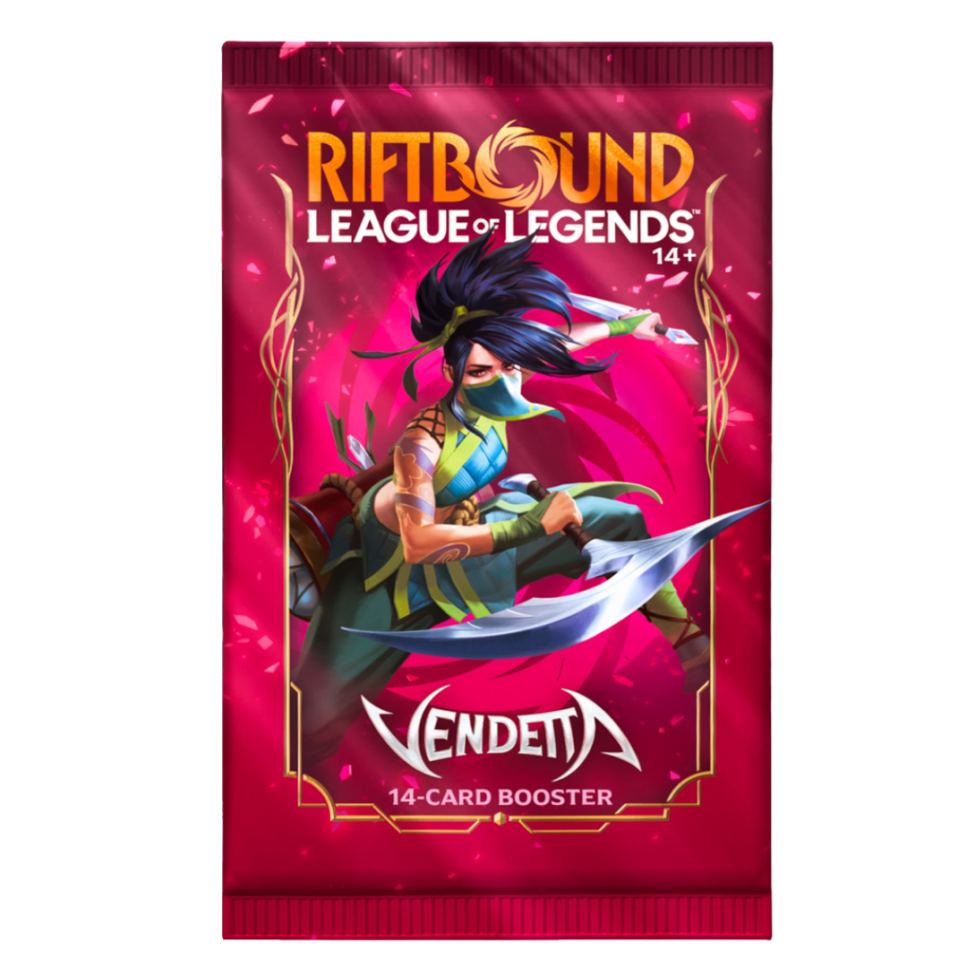 Riftbound League of Legends TCG Vendetta booster pack featuring champion artwork and collectible trading cards