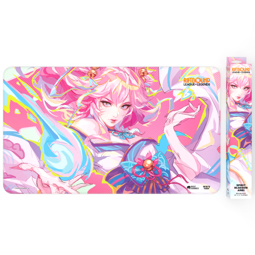 Riftbound League of Legends TCG Spiritforged playmat featuring Spirit Blossom Ahri artwork on a non slip gaming mat