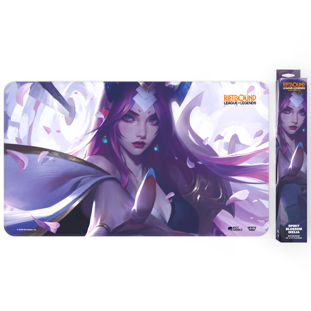 Riftbound League of Legends TCG Spiritforged playmat featuring Spirit Blossom Irelia artwork on a non slip gaming mat
