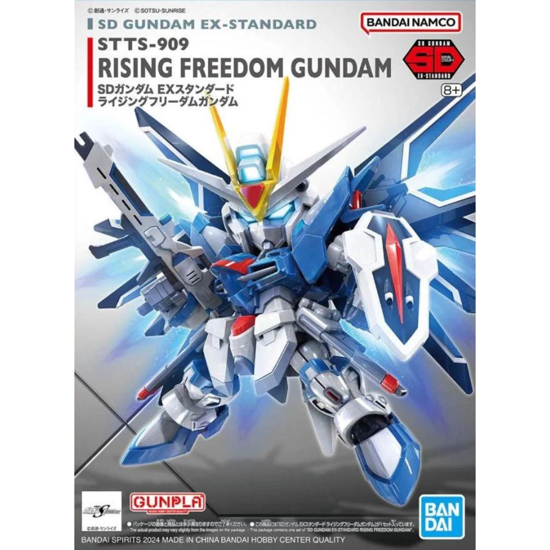 Bandai SD Rising Freedom Gundam model kit from Gundam SEED Freedom, featuring vibrant colors, detailed design, and dynamic articulation.