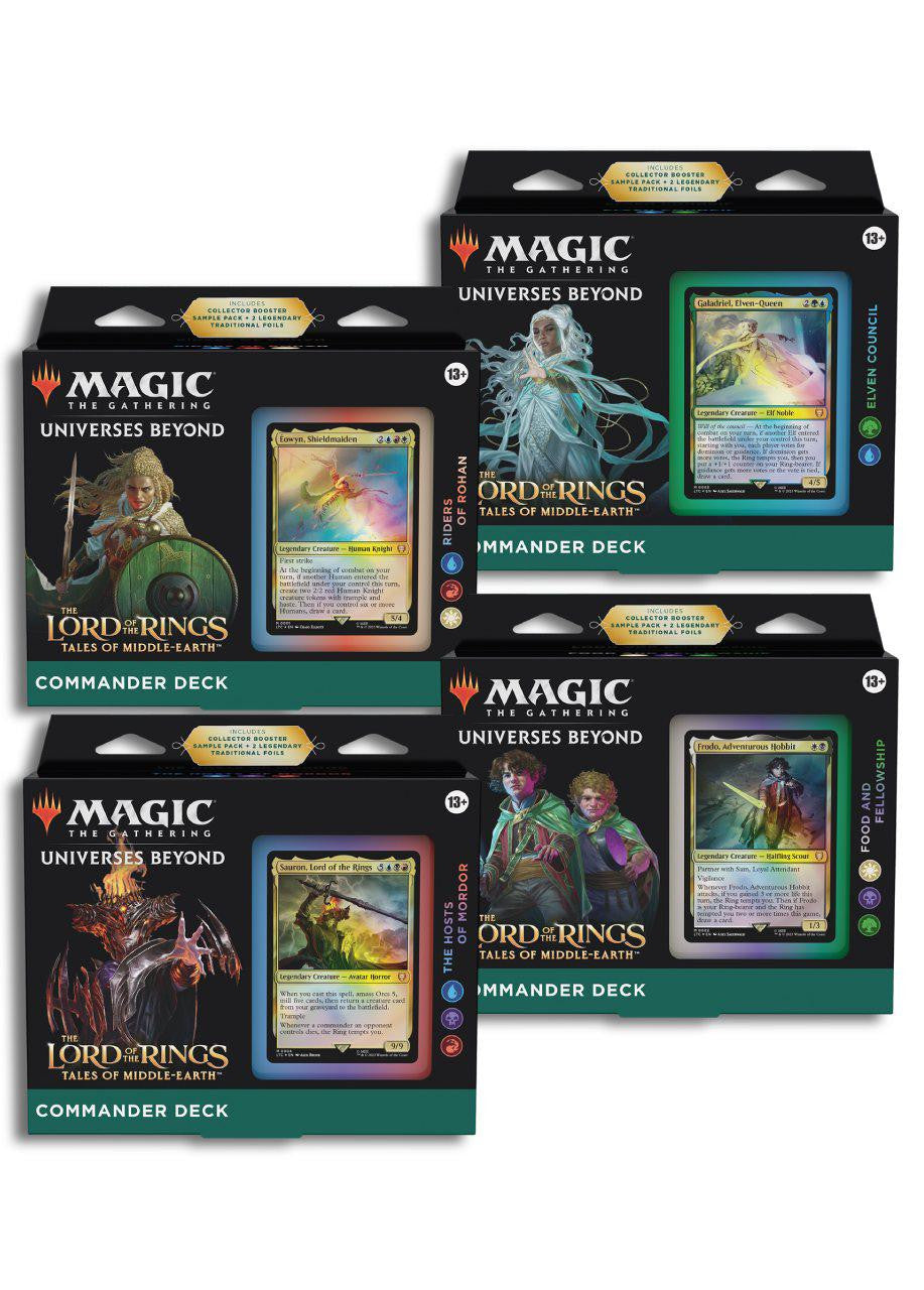 Four Magic: the Gathering Lord of the Rings Tales from Middle-earth Commander decks with foil commanders and accessories