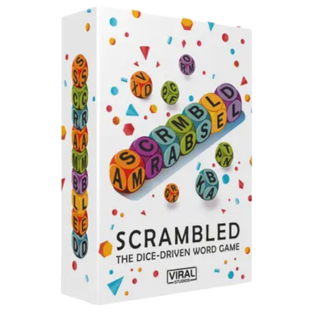 Scrambled word building board game for family game night and group play