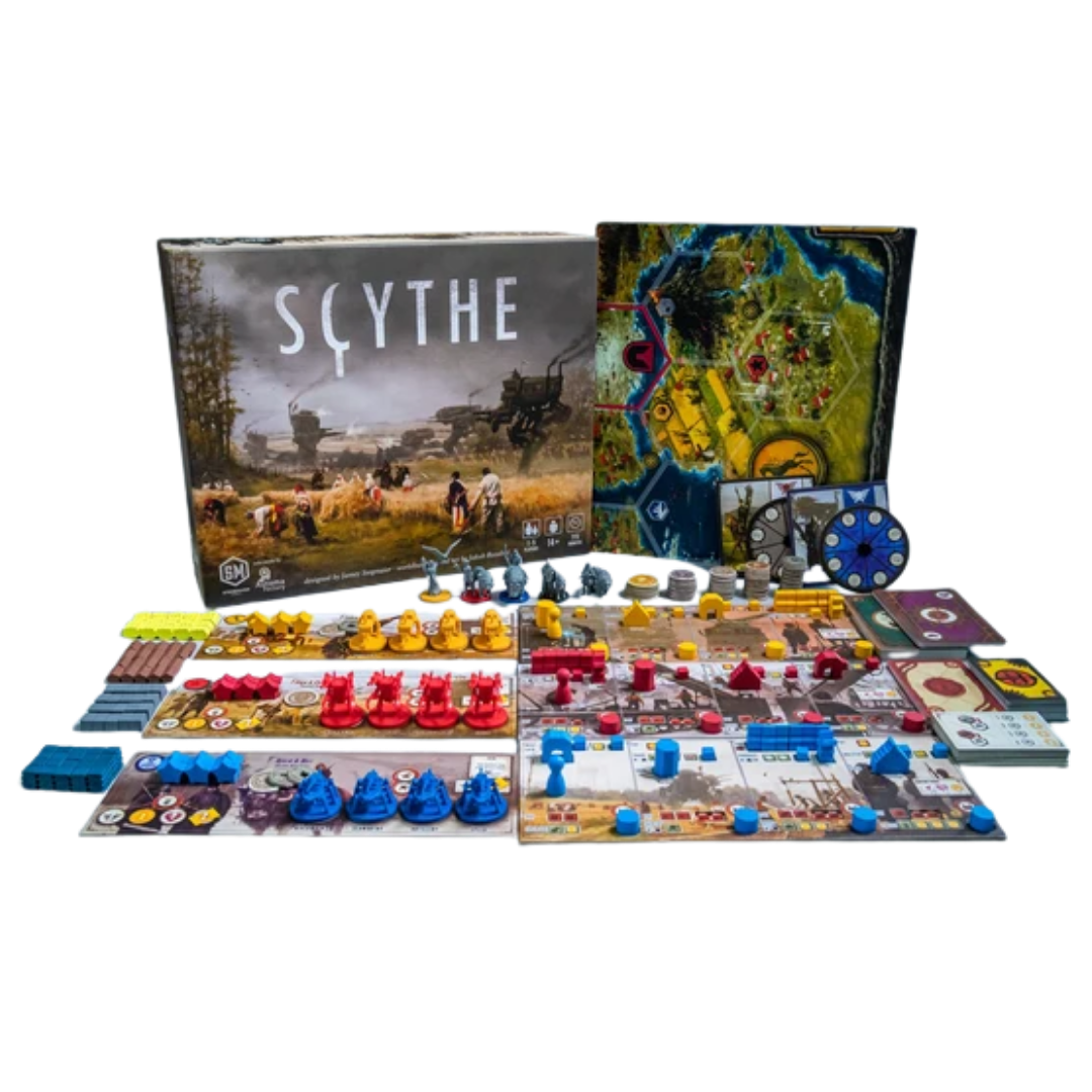 Scythe board game components with faction mats miniatures resources cards and game board
