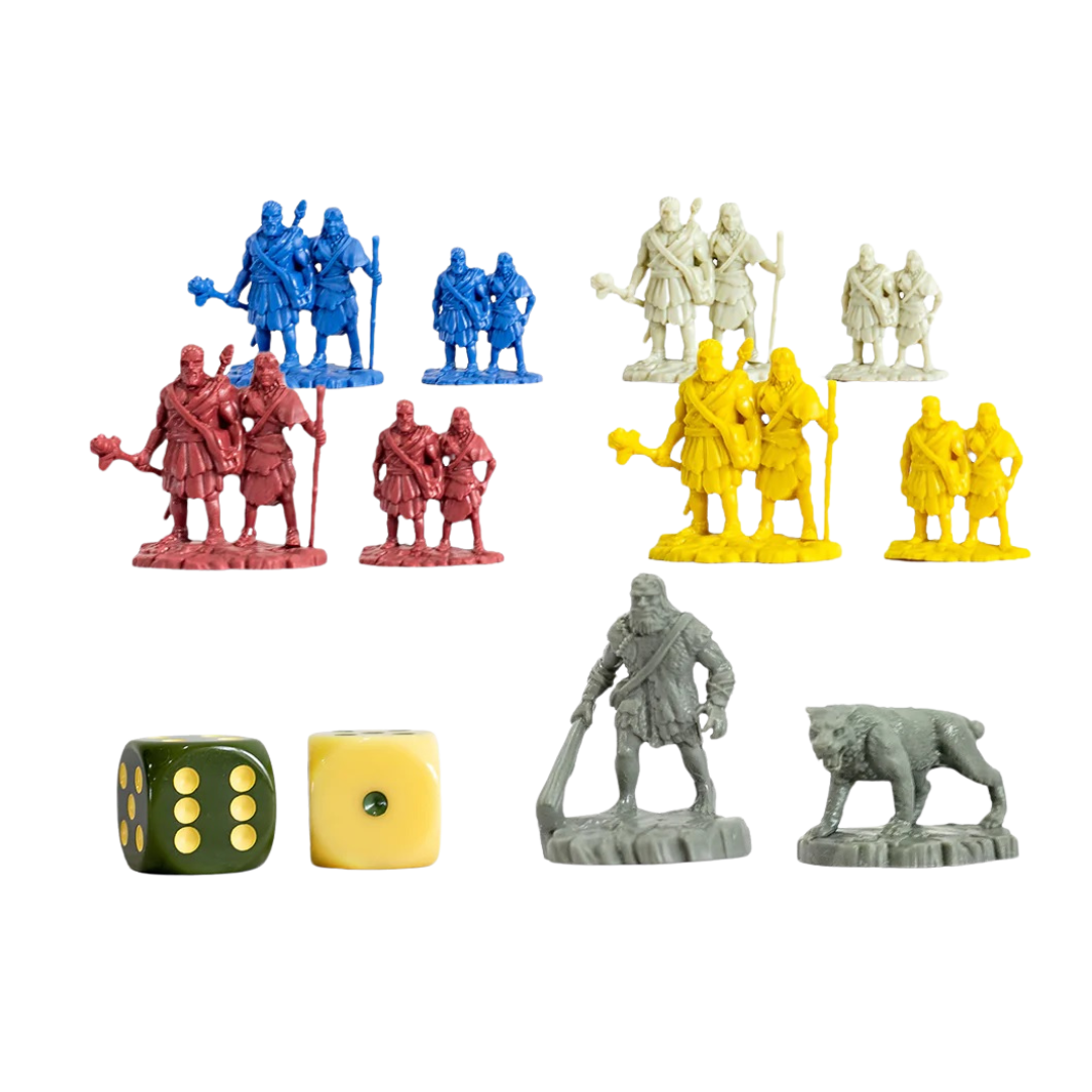 Settlers of Catan: Dawn of Humankind board game, featuring prehistoric themes, resource management, and strategic gameplay in a standalone adventure.