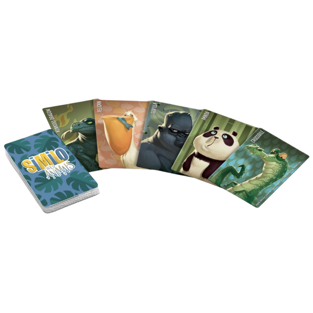 Similo Wild Animals card game box and illustrated animal cards for cooperative deduction gameplay