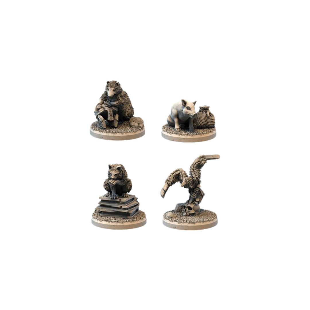 The crow, the badger, the piglet, and the feral cat figures included within the set