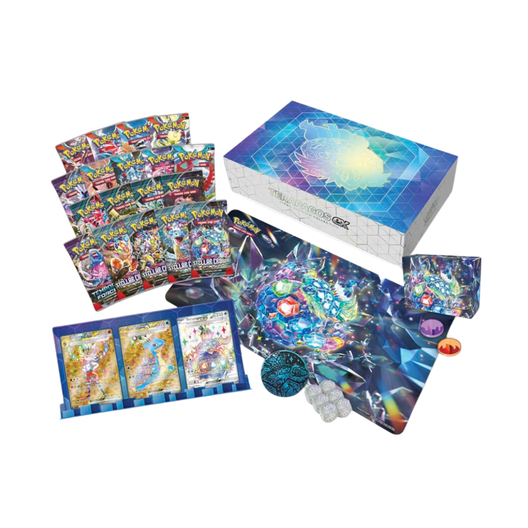Pokémon Terapagos EX Ultra Premium Collection – Includes an exclusive Terapagos EX promo card, a variety of booster packs, collector's items like premium card sleeves, a playmat, a metallic coin, and a sturdy storage box. Perfect for Pokémon TCG players and collectors!