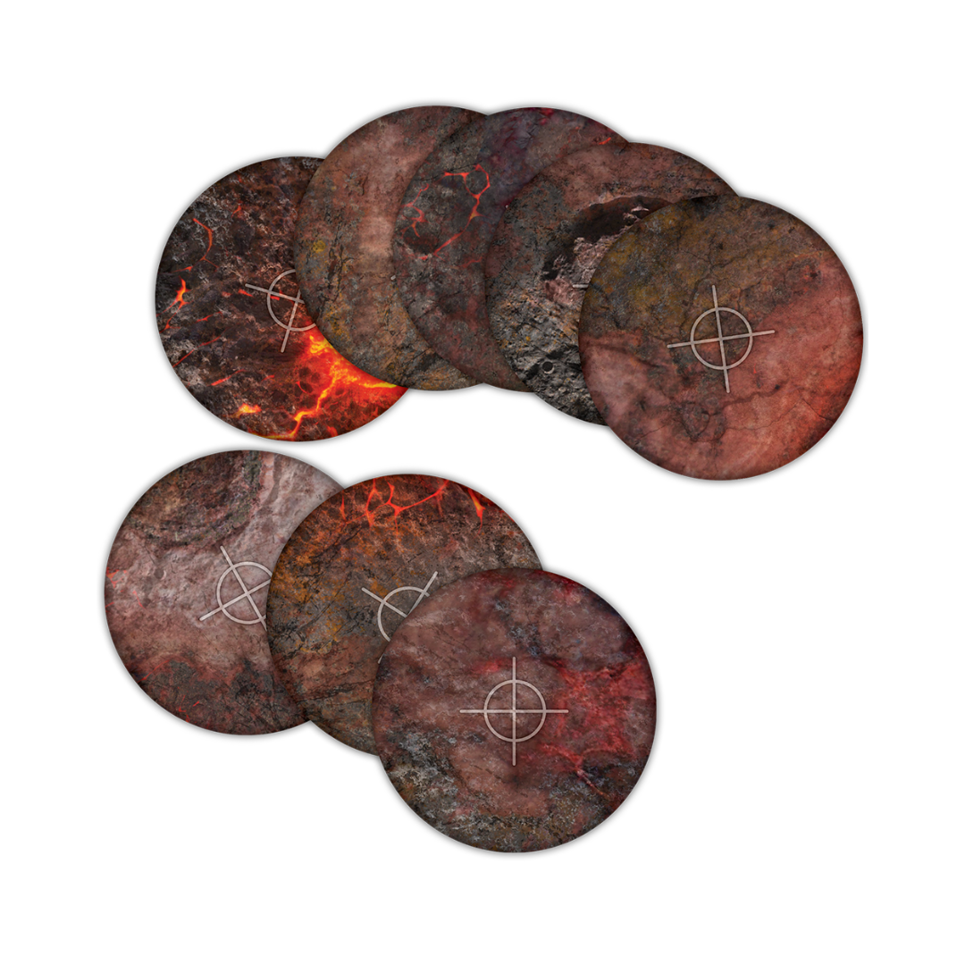 Warhammer 40K Grim Battlefield objective templates with a 40mm center ring and 3" extension for accurate tabletop gameplay.