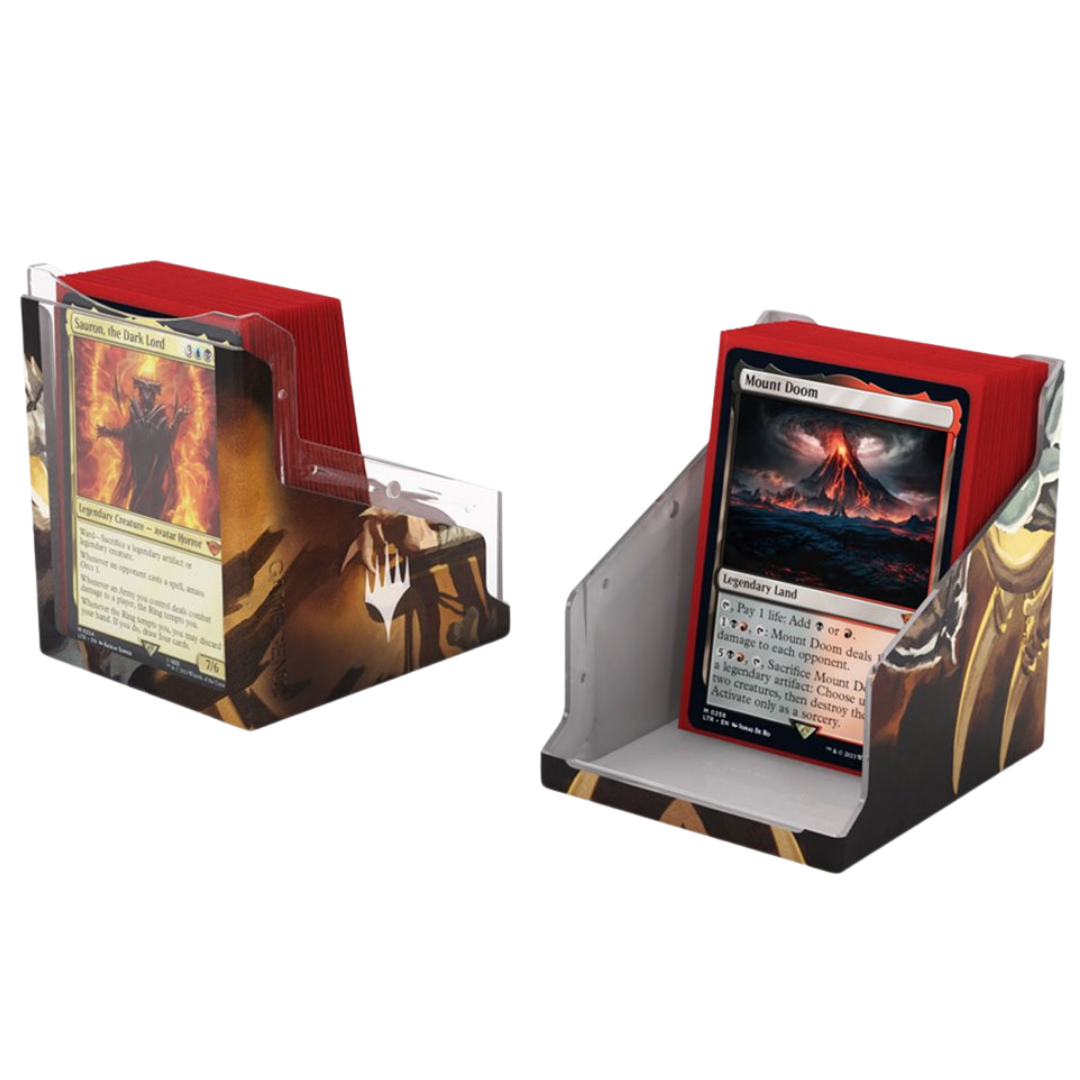 Gamegenic Magic The Gathering The Hobbit Bastion XL deck box open with sleeved Commander cards, showcasing 100+ card storage capacity and secure design