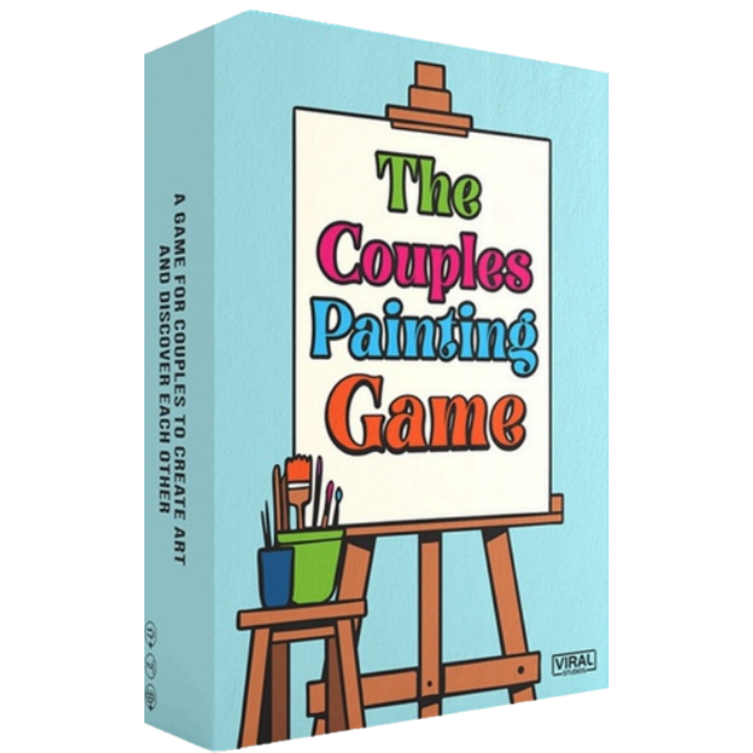 The Couples Painting Game set with paint supplies and prompt cards for interactive art game