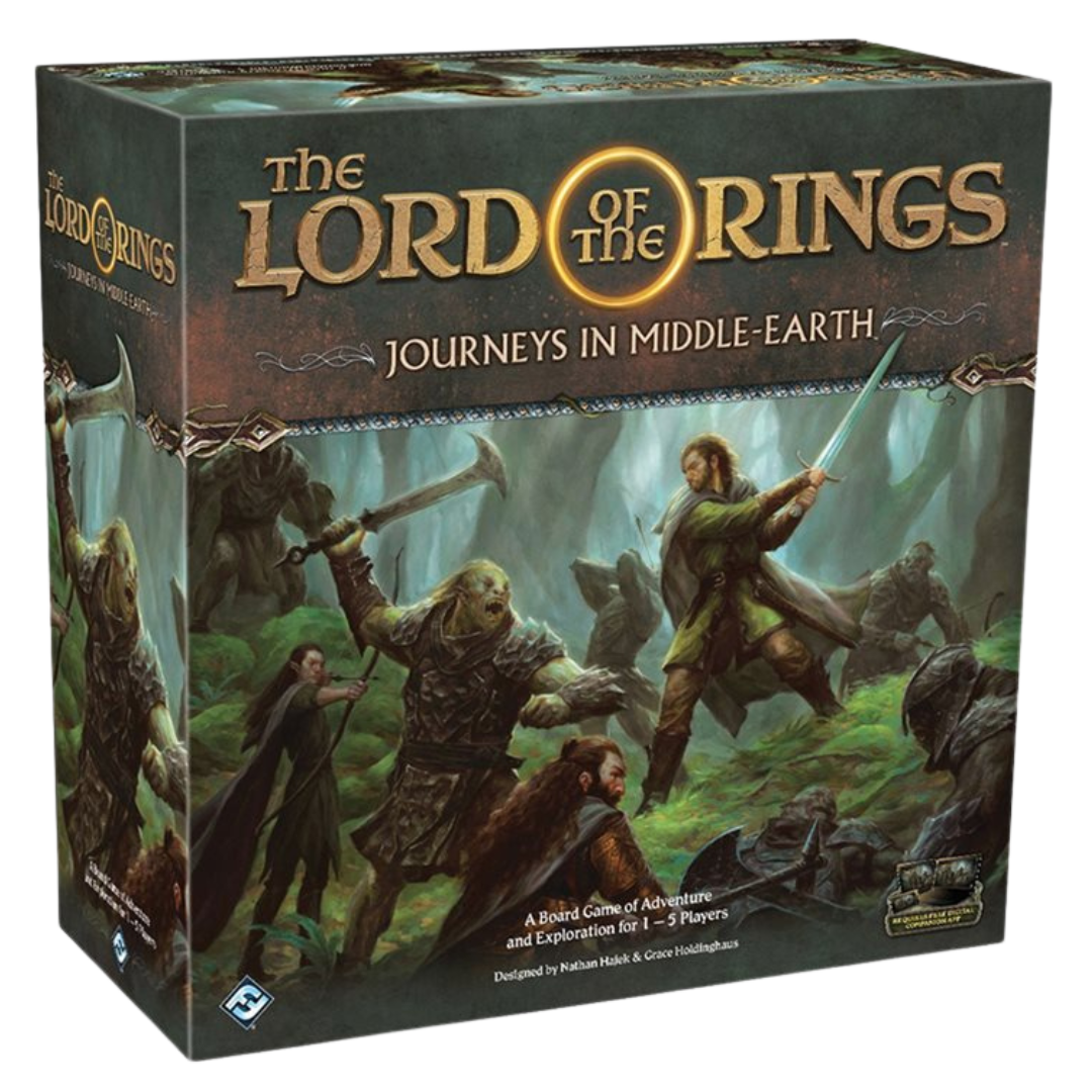 The Lord of the Rings Journeys in Middle-Earth board game box with heroes battling orcs in a forest setting