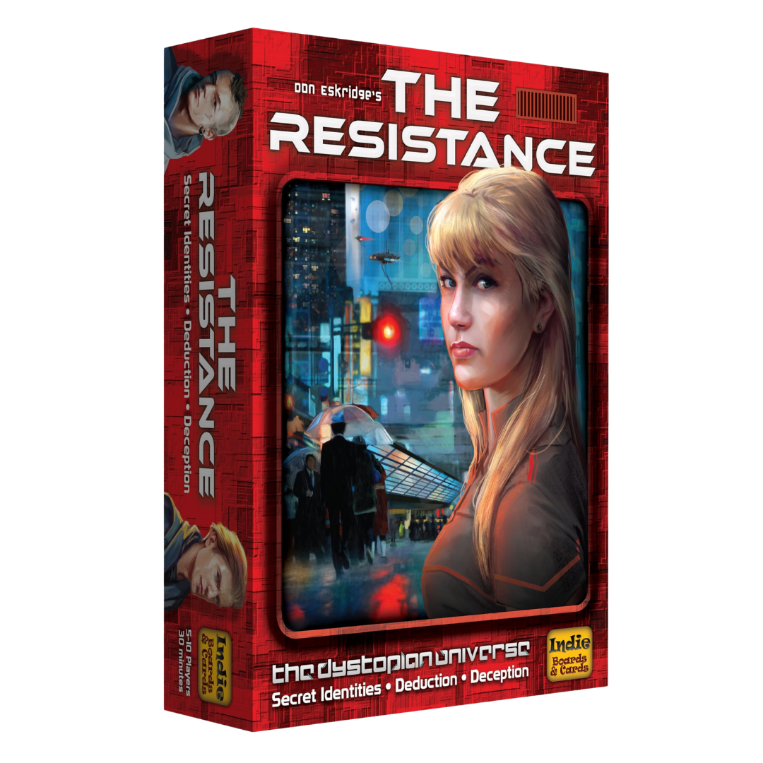 The Resistance card game box featuring dystopian social deduction gameplay with secret roles and high-stakes team missions