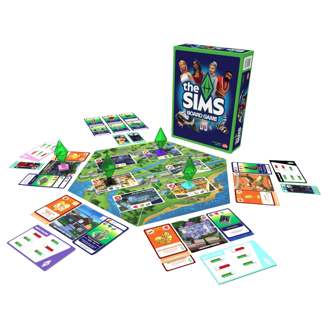 The Sims Board Game box and components featuring life simulation tabletop gameplay