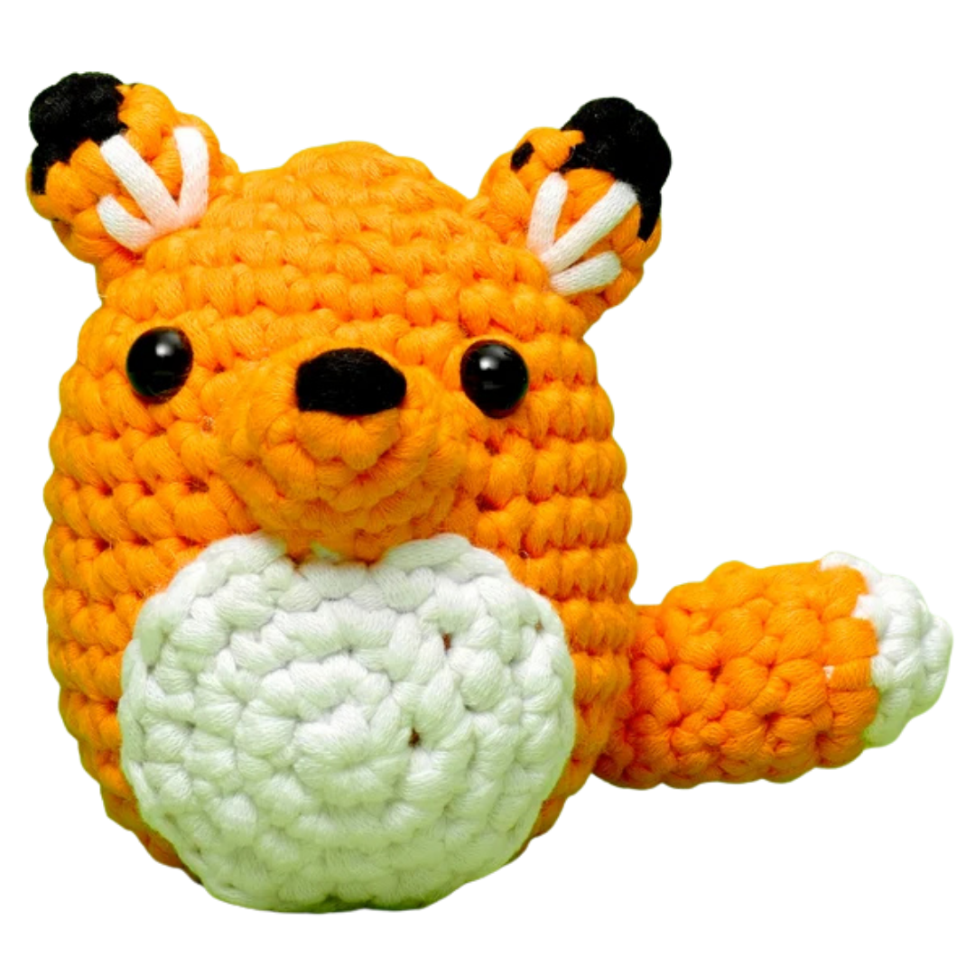 The Woobles Felix the Fox finished orange crochet figure with white belly and curled tail