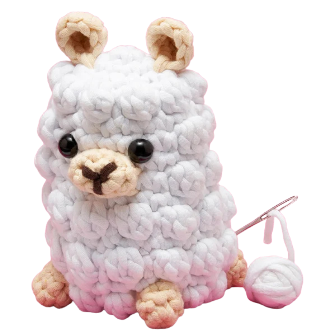 The Woobles Gertrude the Llama white crochet figure with textured fleece and cream details