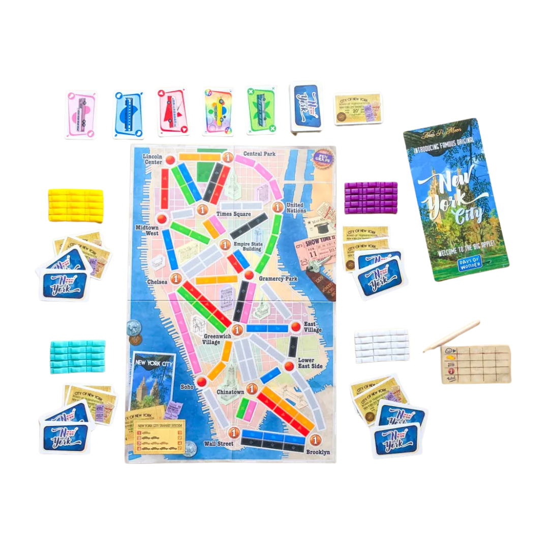 Ticket to Ride: New York - Game board featuring a detailed map of New York City, colorful taxi routes, and famous landmarks like Times Square and Central Park.