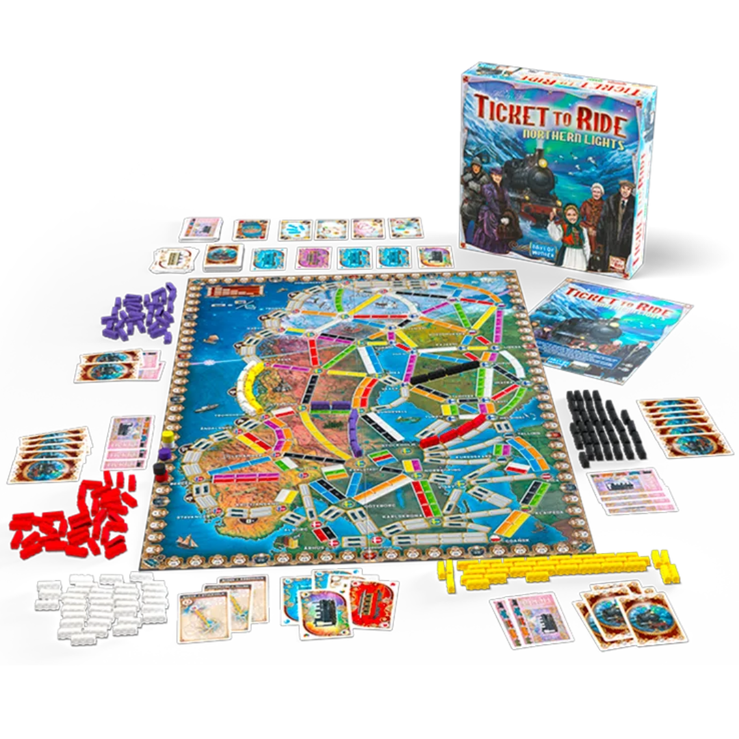 Ticket to Ride Northern Lights board game box with Arctic railway map, train pieces, and cards displayed