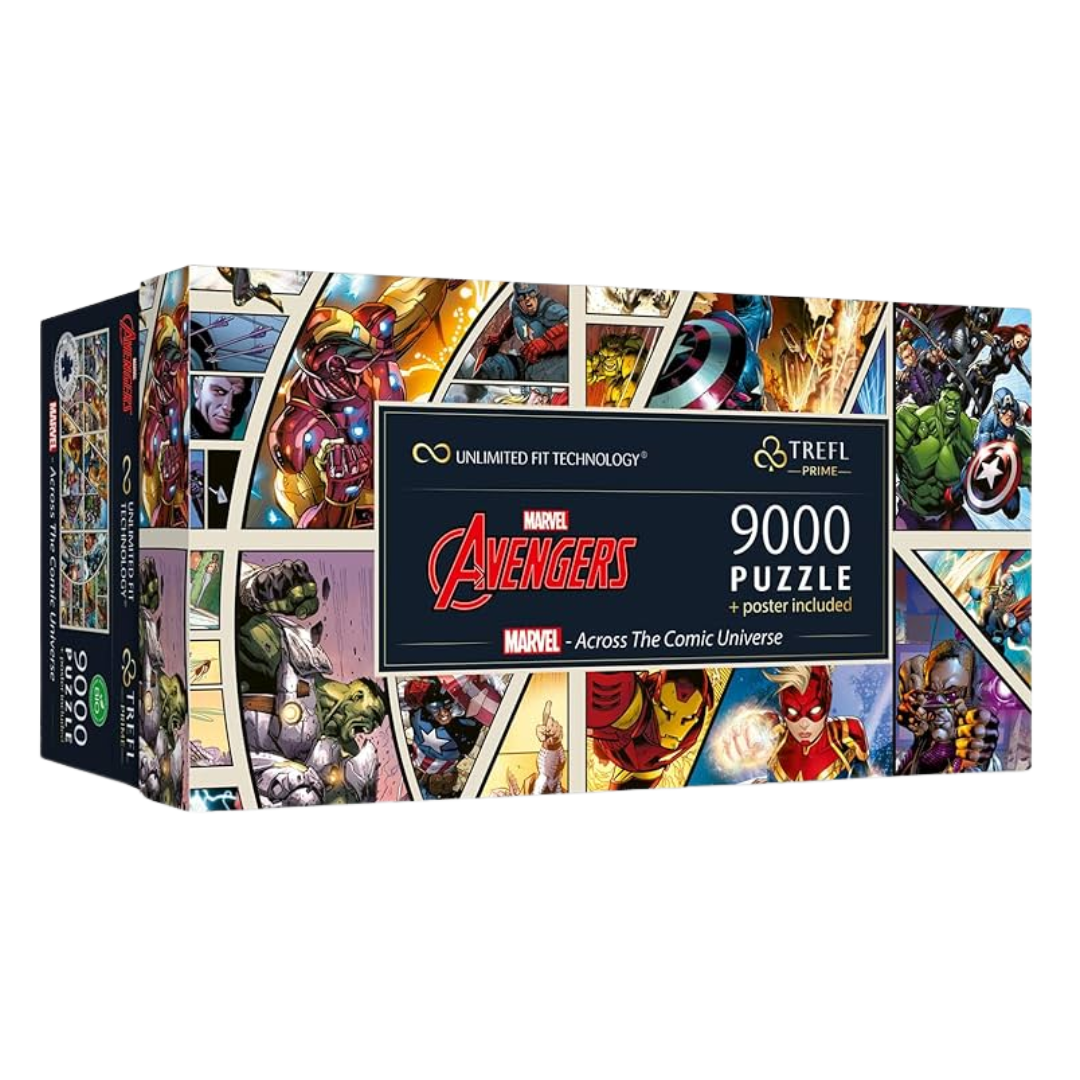Trefl Prime Puzzle Avengers Marvel Across the Comic Universe 9000-piece jigsaw, featuring classic comic artwork and iconic Marvel superhero team scenes.