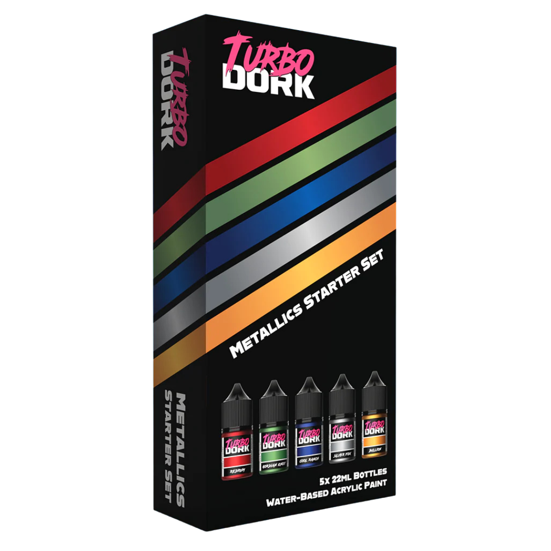 Turbo Dork Metallics Starter Set box, 5x 22ml metallic acrylic paints for miniatures and models