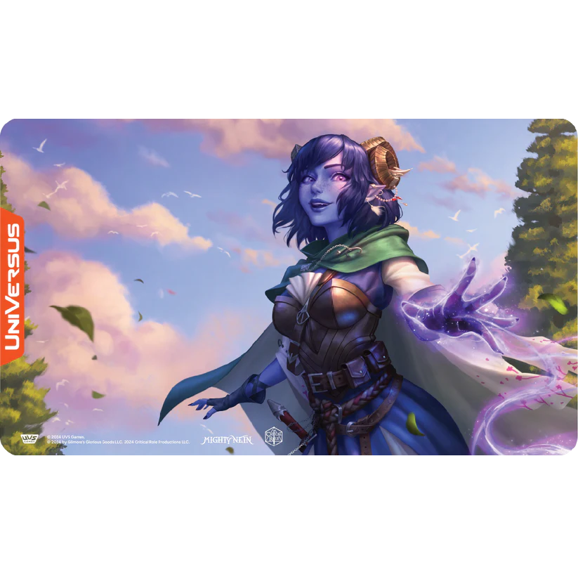 Critical Role Jester Lavorre playmat for UniVersus card game, featuring high-quality neoprene material and non-slip rubber backing.