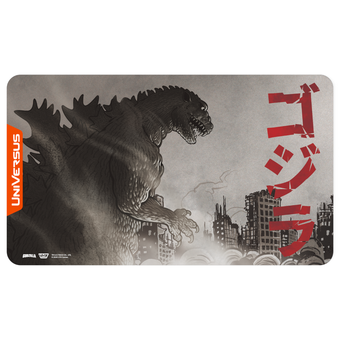 UVS Games Reign of Kaiju Godzilla 1954 playmat featuring classic black and white Godzilla artwork