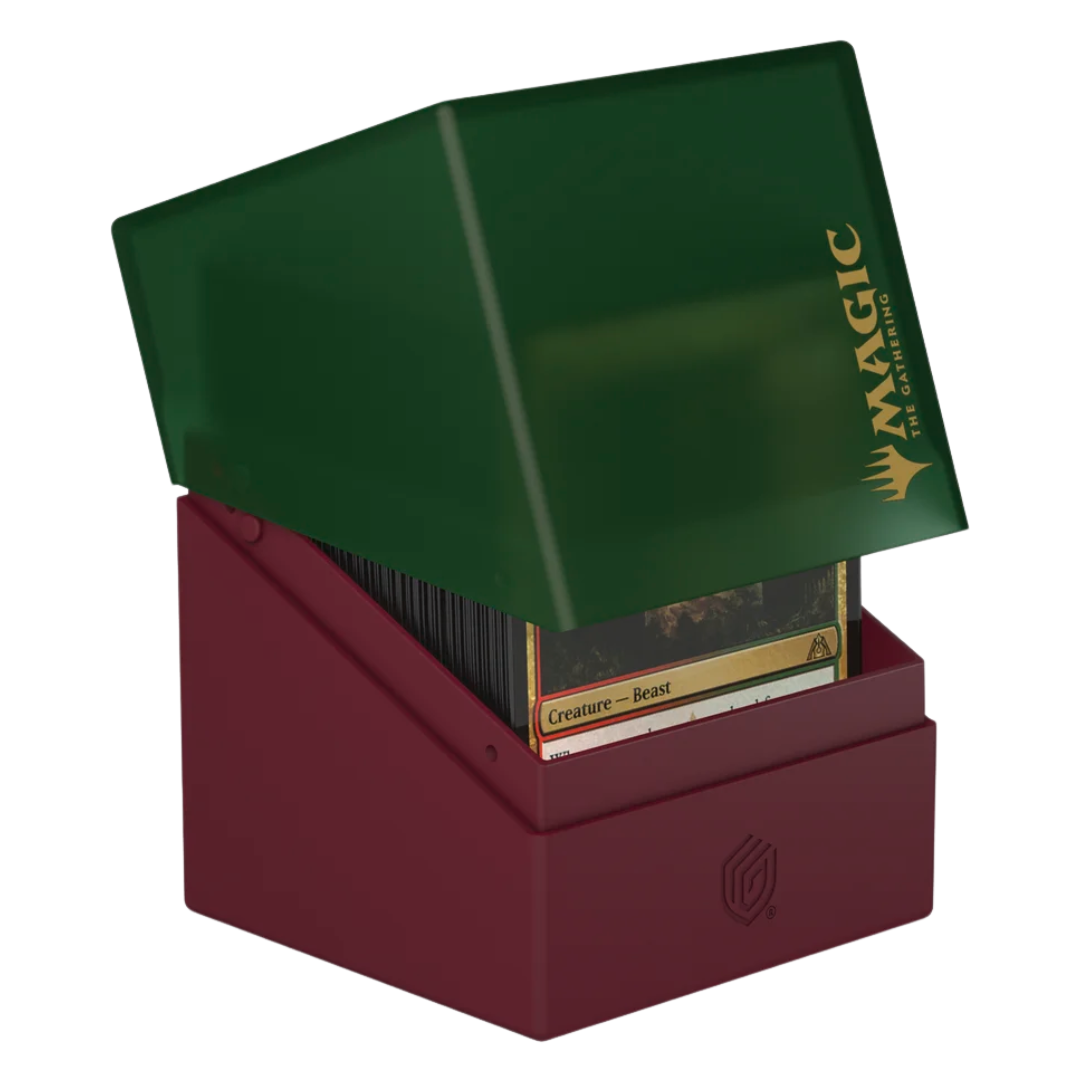 Ultimate Guard Boulder 100+ MTG Gruul deck box—sturdy, high-quality storage for Magic: The Gathering cards in Gruul guild colors, red and green.