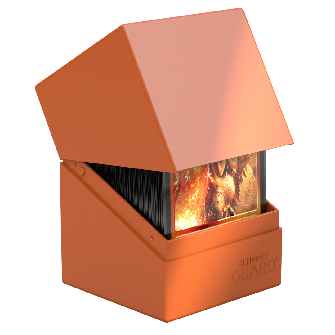 Ultimate Guard Boulder 100+ Solid Orange Deck Case, durable card holder for trading card games, accommodates up to 100 double-sleeved cards, perfect for collectors.