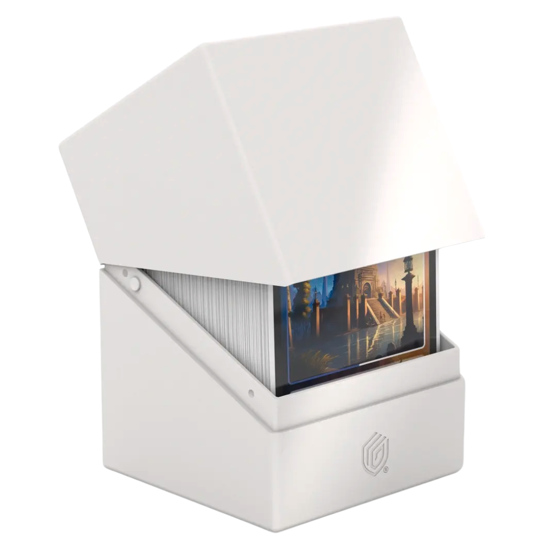 Ultimate Guard Boulder 100+ Solid White Deck Case, durable card holder for trading card games, accommodates up to 100 double-sleeved cards, perfect for collectors.