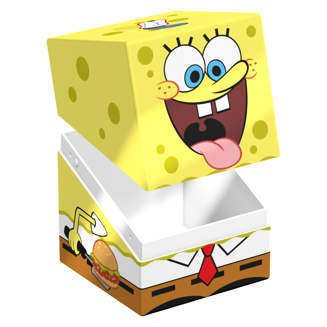Ultimate Guard Squaroes 100+ deck box featuring Spongebob Squarepants Fry Cook design, durable card storage box for collectors and players.