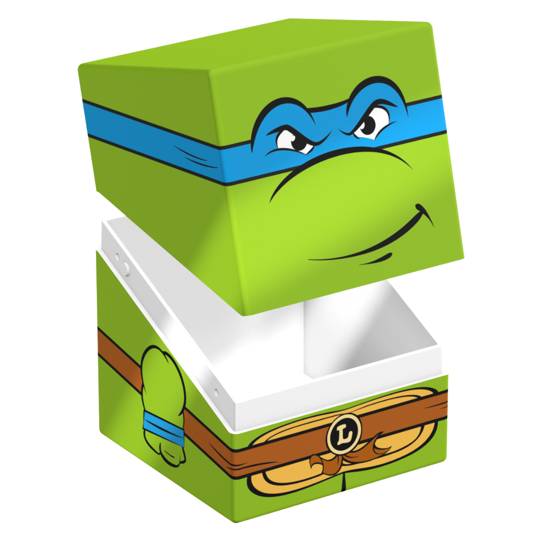 Ultimate Guard Squaroes 100+ deck box featuring TMNT Leonardo design, durable card storage box for collectors and players.