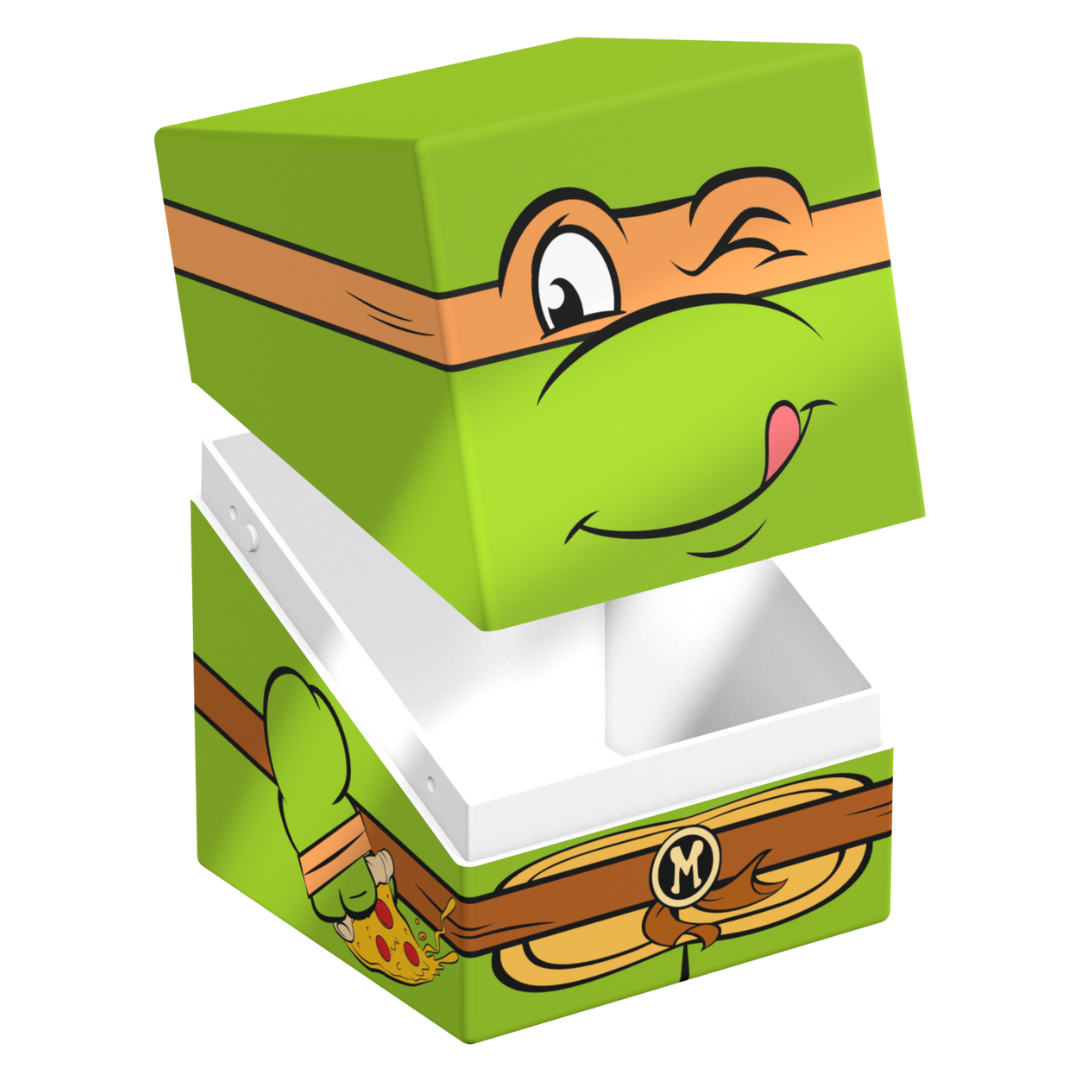 Ultimate Guard Squaroes 100+ deck box featuring TMNT Michelangelo design, durable card storage box for collectors and players.