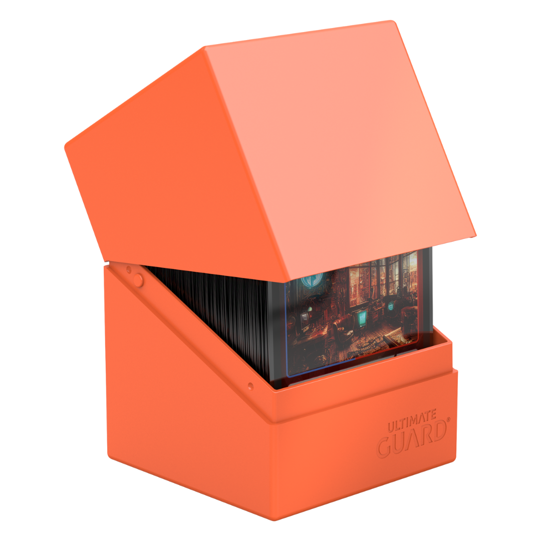 Ultimate Guard Boulder 100+ Solid Neon Orange, high-quality deck box with bright neon orange design, perfect for organizing and protecting trading card game collections.