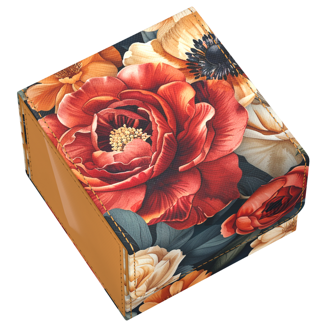 Ultimate Guard Sidewinder 133+ Floral Places Secret Garden deck box with orange and red floral design showcased from above