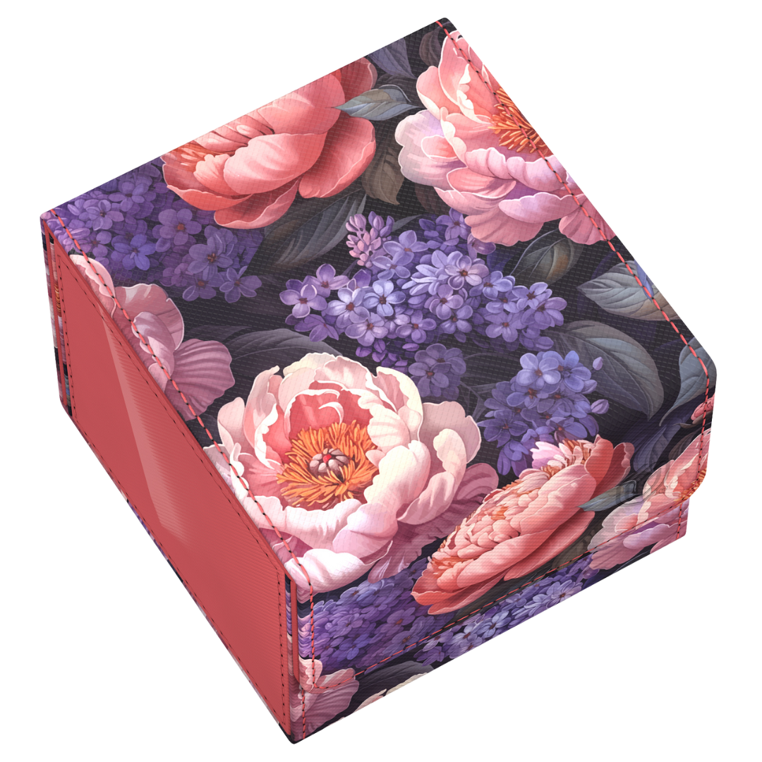 Ultimate Guard Sidewinder 133+ Floral Places Vivid Field deck box with pink and purple floral design showcased above