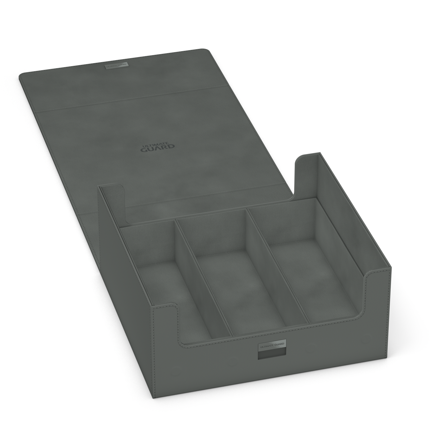 Ultimate Guard Treasure Hive 90+ Grey fully open, displaying its empty, well-organized compartments for storing deck boxes, cards, and accessories.