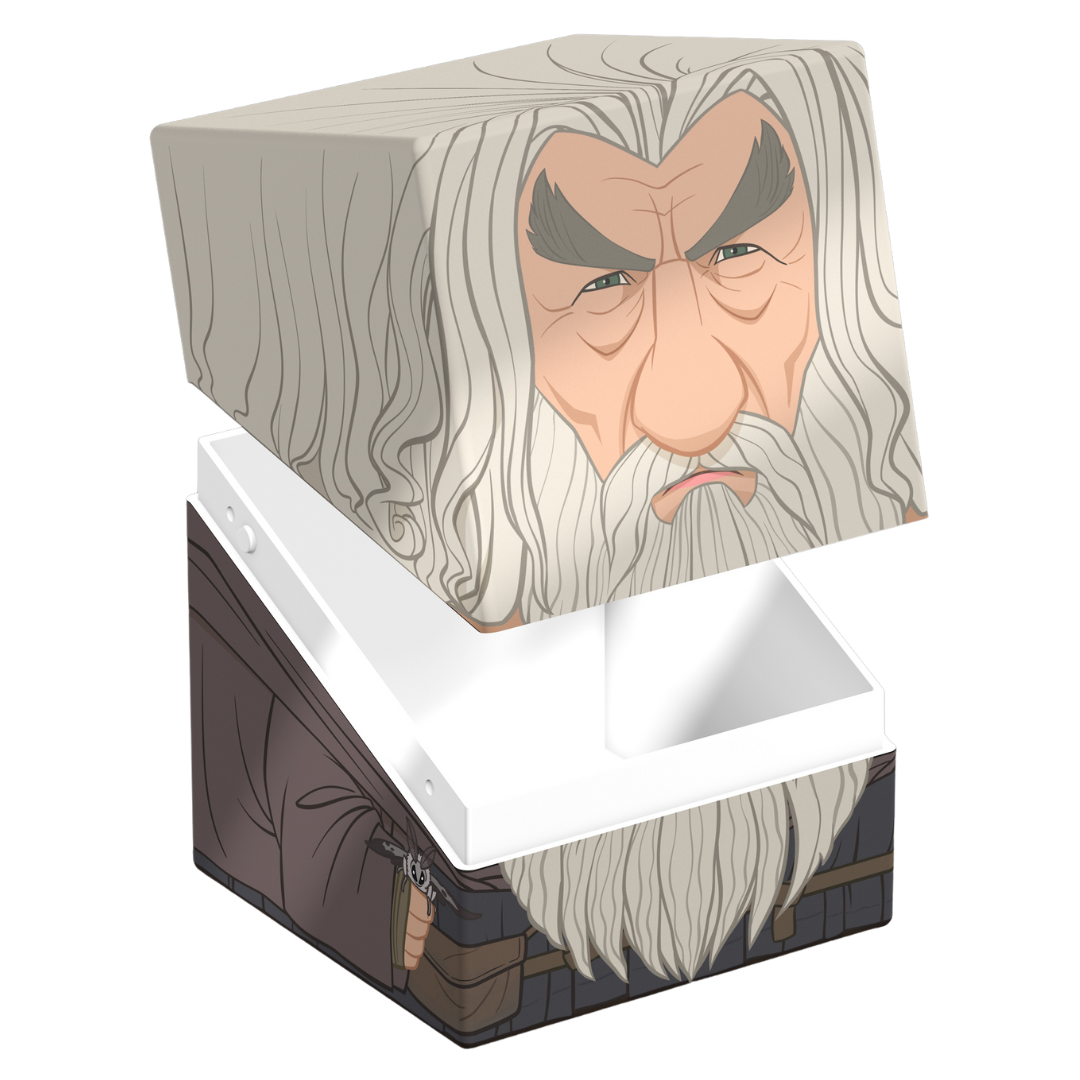 Ultimate Guard Squaroes 100+ deck box, Gandalf the Grey artwork, holds 100 double-sleeved standard cards, magnetic closure, stackable construction