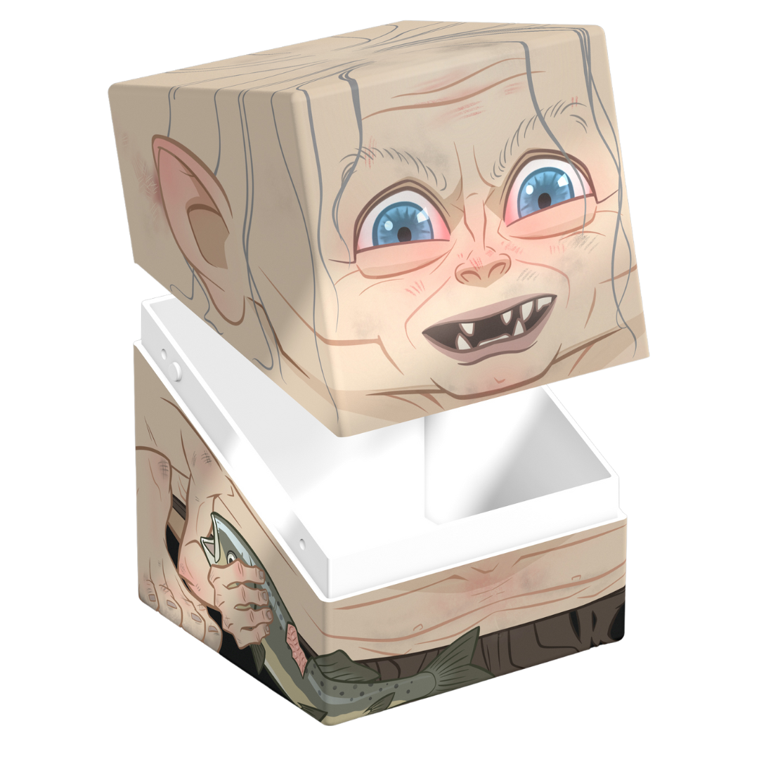 Ultimate Guard Squaroes 100+ deck box with Gollum art, holds 100 double-sleeved cards, magnetic closure, stackable design