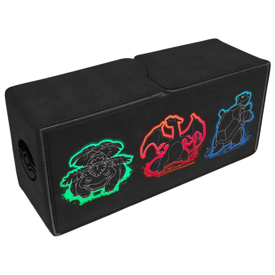 Ultra Pro Alcove Vault Pokémon Neon Kanto deck box featuring Bulbasaur, Charmander, and Squirtle with premium card storage and magnetic closure.