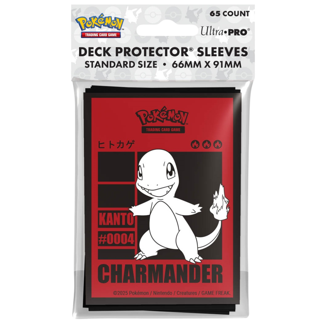 Ultra Pro Pokémon Charmander 2025 Deck Protectors, official card sleeves with fire-type artwork for protecting Pokémon TCG and other standard-size trading cards.