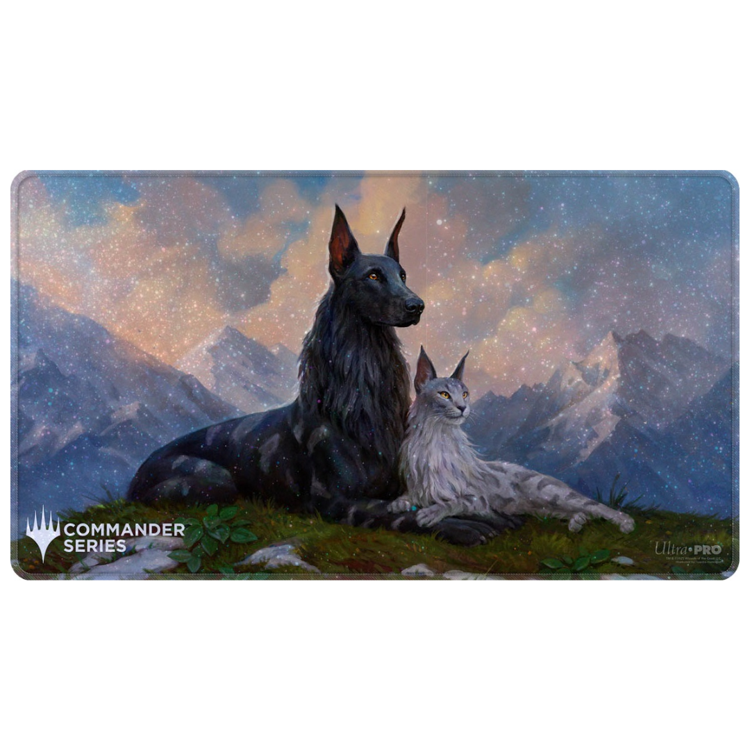 Ultra Pro Rin and Seri holofoil Commander Series playmat, MTG TCG mat with shimmering art of legendary dog and cat duo and non-slip backing.