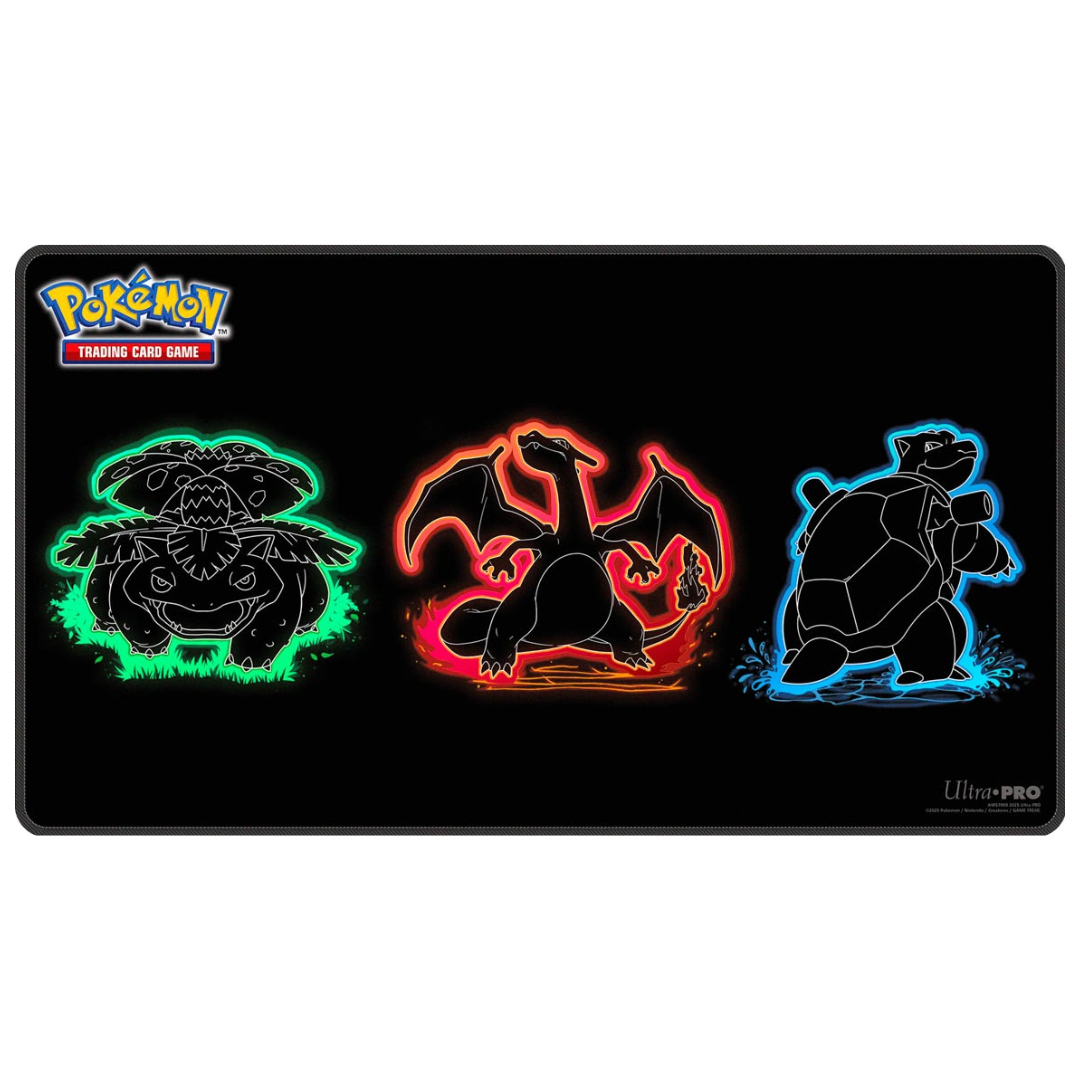 Ultra Pro Pokémon Neon Kanto Foil playmat, featuring Pikachu, Bulbasaur, Charmander, and Squirtle with foil accents and non-slip backing for TCG play.