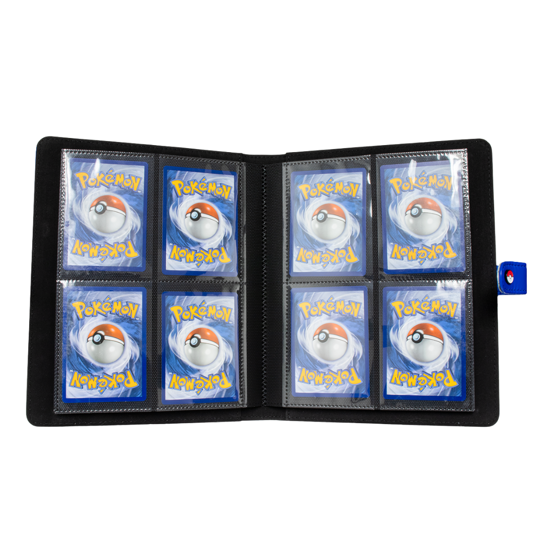 Open Ultra Pro Premium Snap Binder in Blue for Pokémon cards, showcasing clear, durable pages and secure snap closure for easy access and protection of card collections.