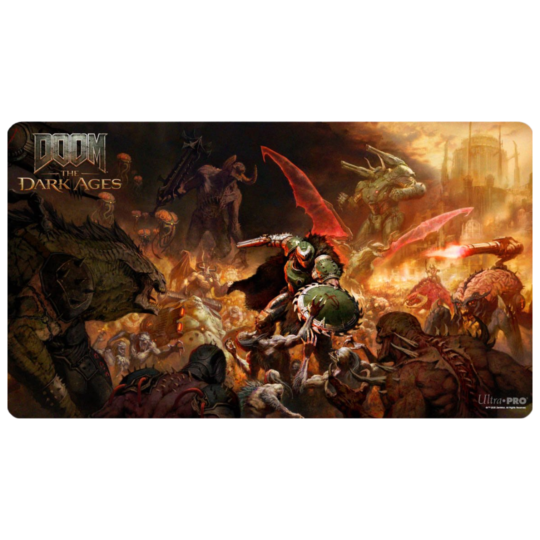 Ultra Pro DOOM The Dark Ages Onslaught playmat featuring Doom Slayer artwork with rubber backing for trading card gameplay