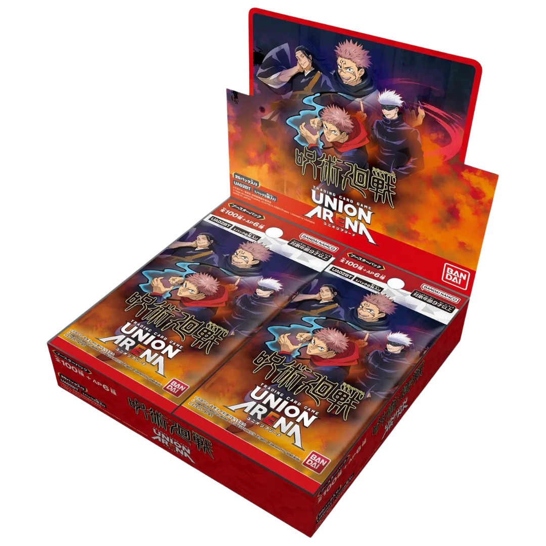 Union Arena Jujutsu Kaisen Booster Display – A full display box containing multiple booster packs from the Jujutsu Kaisen set. Perfect for collectors and players, each pack includes a variety of rare and foil cards featuring characters and moments from the popular anime series, ideal for enhancing your deck and expanding your collection.