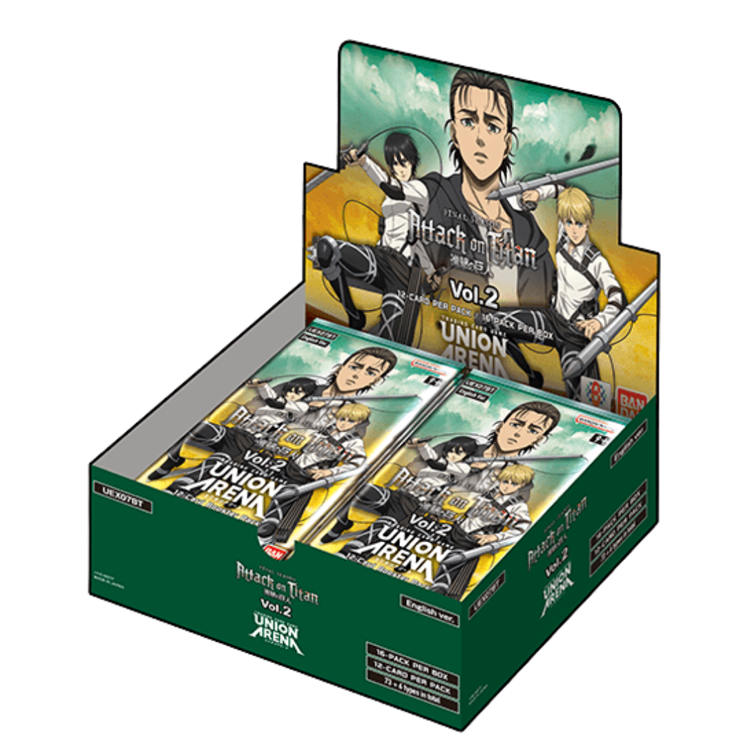Union Arena Attack on Titan Volume 2 booster display with Eren, Mikasa and Armin artwork