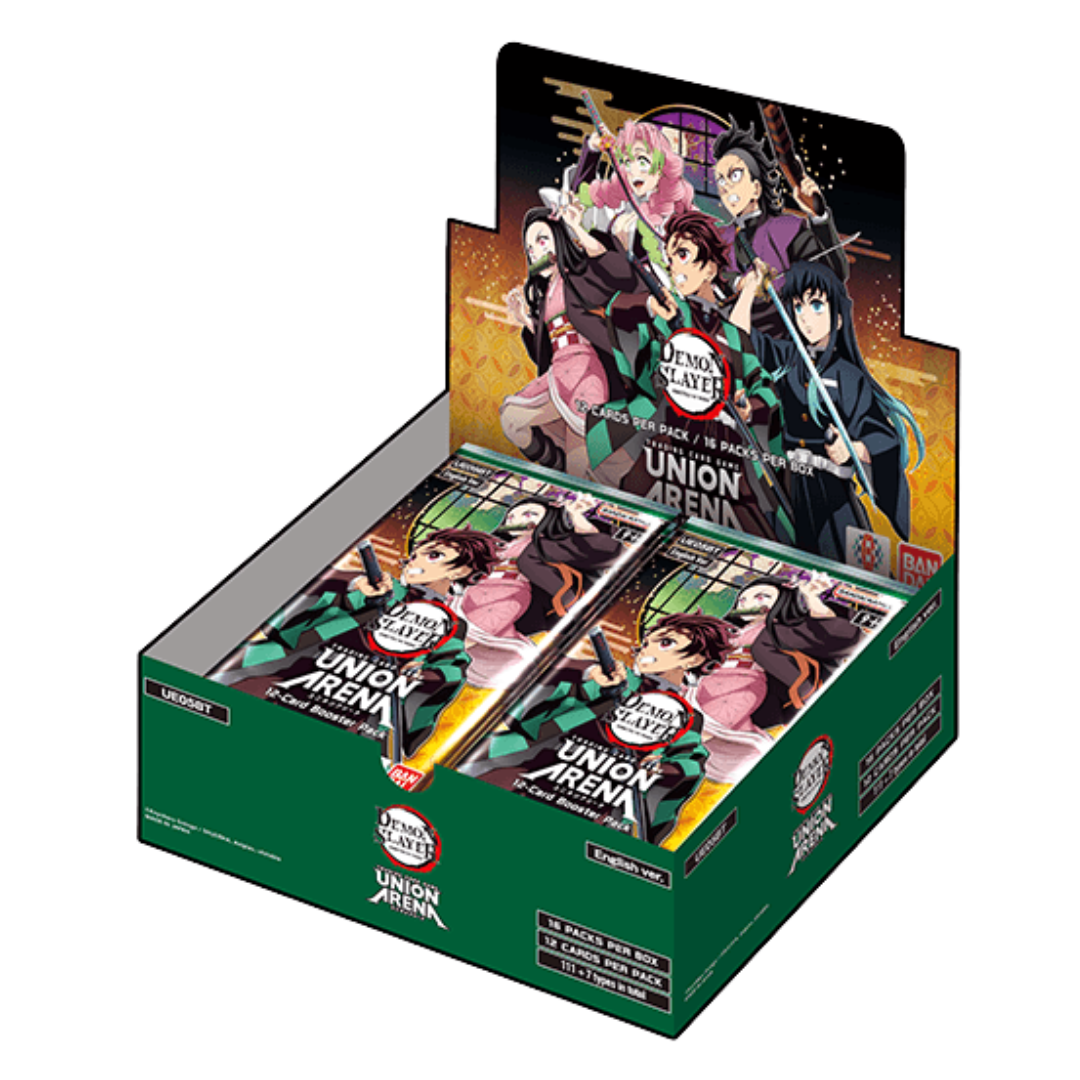 Union Arena Demon Slayer Booster Display featuring multiple packs with characters and abilities from the hit anime.