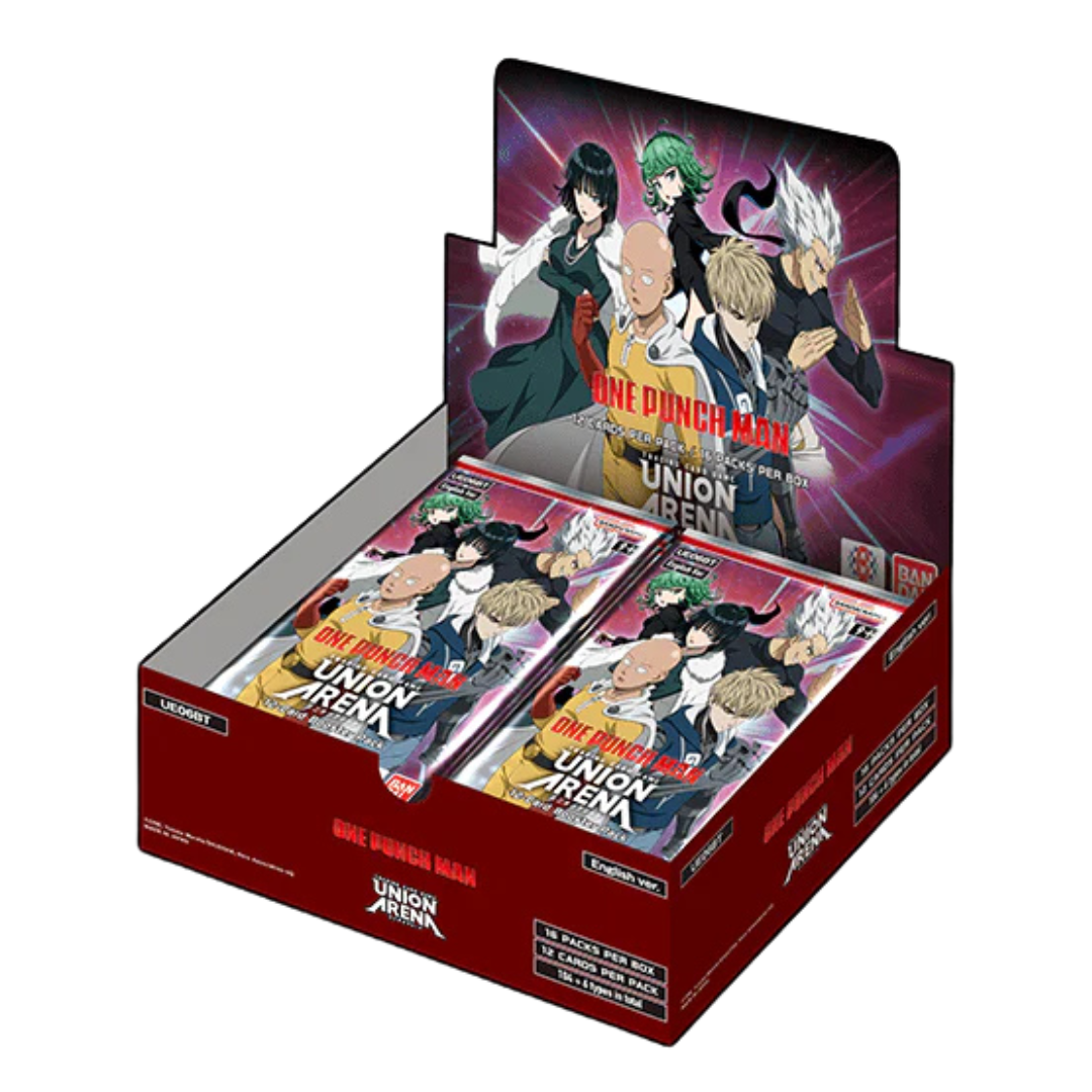 Union Arena One Punch Man Booster Display featuring iconic characters, powerful techniques, and stunning artwork for competitive TCG gameplay and collectors.