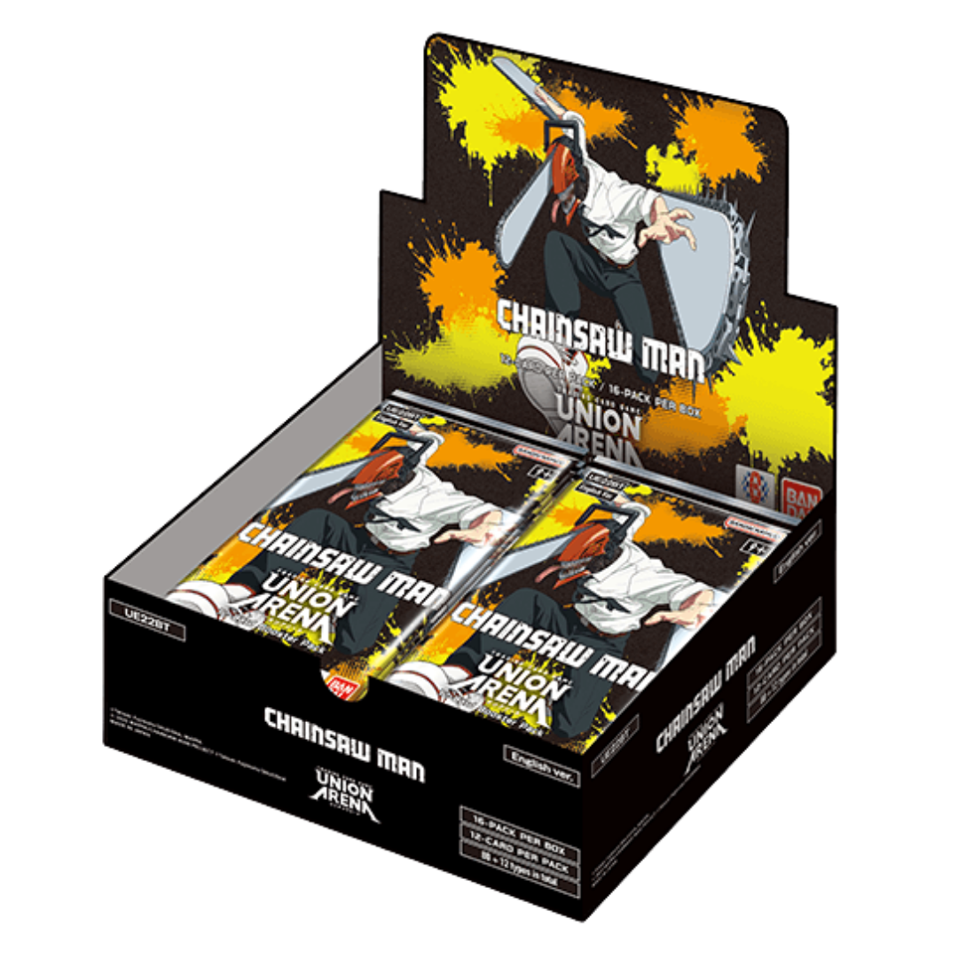 Union Arena Chainsaw Man Booster Display featuring 16 booster packs with exclusive anime artwork and collectible trading cards