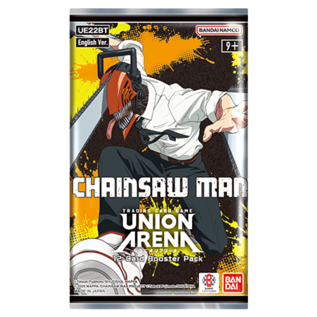 Union Arena Chainsaw Man Booster Pack featuring Denji with exclusive anime trading cards and collectible artwork