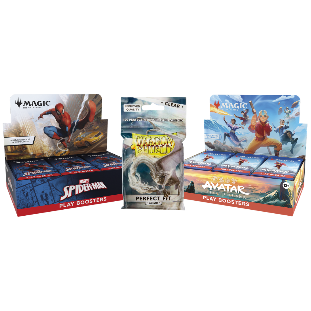 Universes Beyond Play Booster Box Set featuring Spider-Man display, Avatar display, and Dragon Shield Perfect Fit sleeves